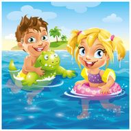Cute Happy Cartoon Children having Fun at Tropical Beach