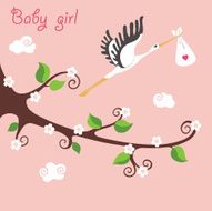 Cute cartoon flowering branch Flying stork with newborn baby-gir