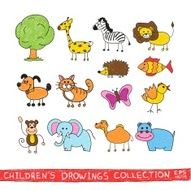 Funny zoo child hand drawing illustration Cartoon animals vector doodles