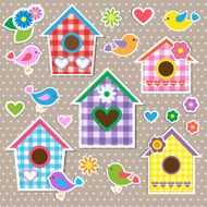 Colorful birds birdhouses and flowers
