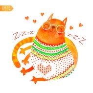 Watercolor hand drawn card with a cute cat N2