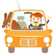 Hipster-traveler driving a car with his dog