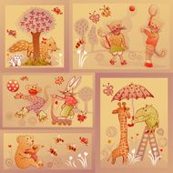 set of five illustrations wildlife characters in funny situations