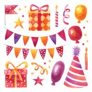 Birthday party set with red and yellow watercolor elements