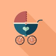 Retro baby stroller flat square icon with long shadows