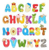 Colorful children alphabet spelled out with different fun cartoon