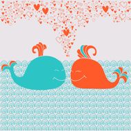 Romantic card with cute whales hearts and waves