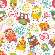 Owl seamless background with flower and fashionable things N2