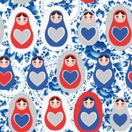 Seamless pattern blue red Russian dolls floral background vector