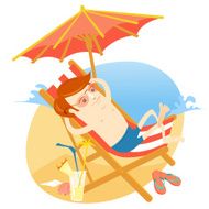 Hipster man sunbathing in the beach chair with cocktail