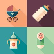 Set of colorful baby flat square icons with long shadows