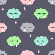 Seamless pattern with sad crying clouds and drops