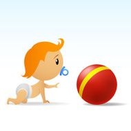 Cartoon cute baby crawling to red ball