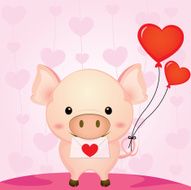 Cute pig sending a love letter with balloon