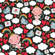 Cupid with hearts and birds seamless pattern
