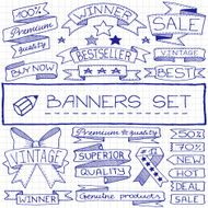 Hand drawn banner and tag icons with captions stars