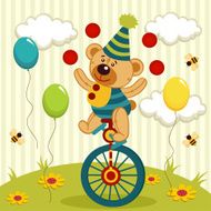 bear clown juggles and rides a unicycle