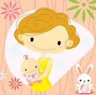 pretty mum holding a baby girl and toy