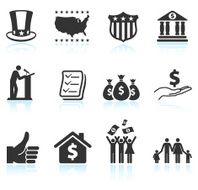 Economic stimulus bailout bill black and white vector icon set