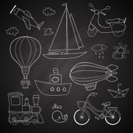 Travel set Ground water and air vehicle on light background N12