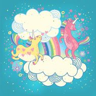 Card with a cute unicorns rainbow in the clouds