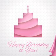 Happy birthday pink postcard with cake Vector illustration