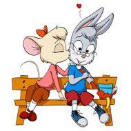 Little mouse kissing rabbit isolated on white background