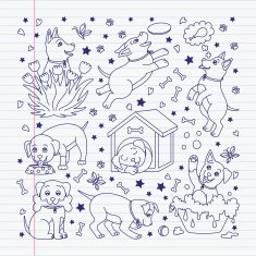 School sketch with puppies