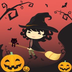Halloween witch riding with a broom