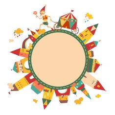 Children's round frame with cute buildings and the fairytale boy