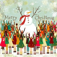 Merry christmas children snowman multiethnic crowd