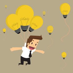 businessman fly with idea bulb balloon