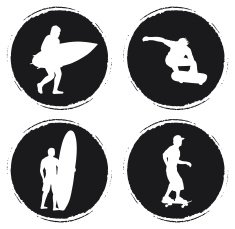 four grunge circle with skater and surfer