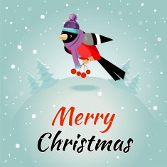 Christmas greeting card with bullfinches and rowan vector illustration