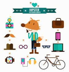 Hipster character with hipster elements and icons