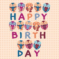 happy birthday card cute owls Blue pink purple orange background