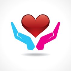 Male and female hand together protect a heart