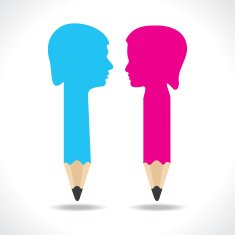Male and female face make a pencil