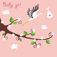 Cute cartoon flowering branch Flying stork with newborn baby-gir