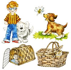 Cute boy and pets