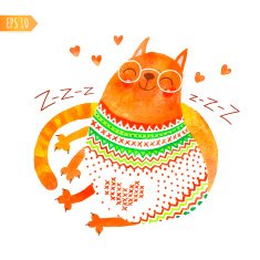 Watercolor hand drawn card with a cute cat N2