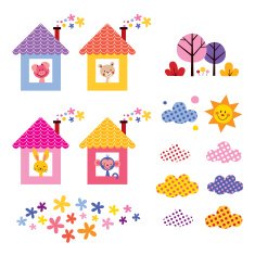 cute animals in houses kids design elements set