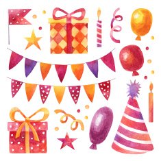 Birthday party set with red and yellow watercolor elements
