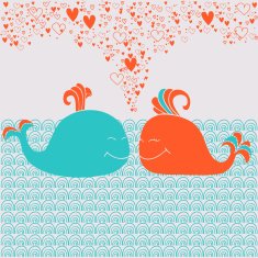 Romantic card with cute whales hearts and waves