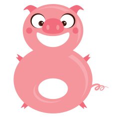 Number 8 funny cartoon smiling pig