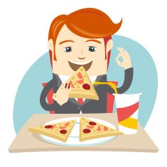 Hipster office man eating pizza at cafe Flat style