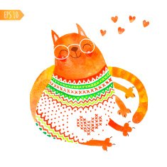 Watercolor hand drawn card with a cute cat N3