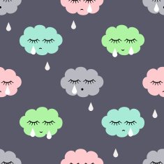 Seamless pattern with sad crying clouds and drops