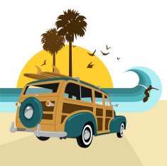 Retro vintage surf Surf&acute;s up series Woody surfboard summer sea