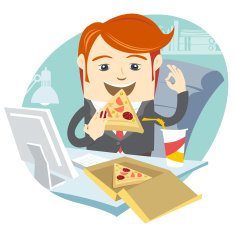 Hipster office man eating pizza at his workplace Flat style